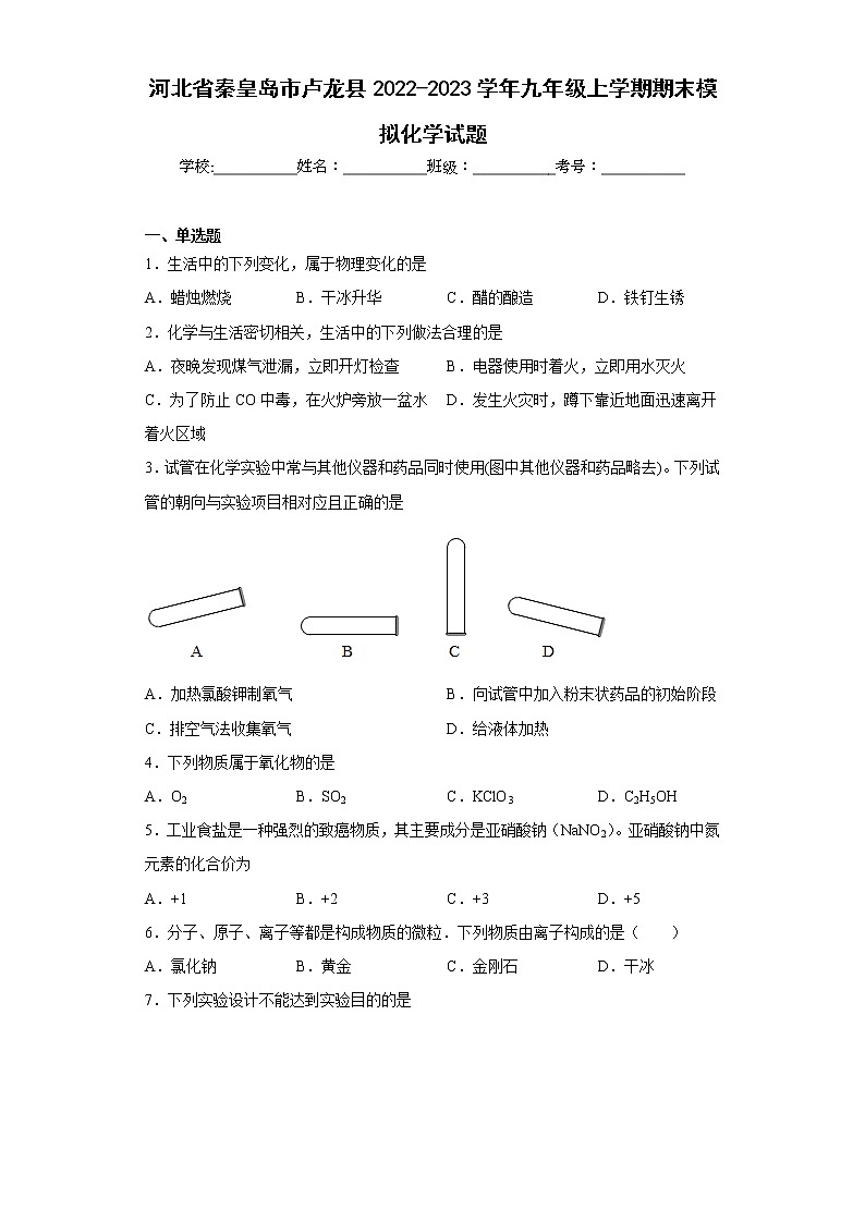河北省秦皇岛市卢龙县2022-2023学年九年级上学期期末模拟化学试题 (含答案)01