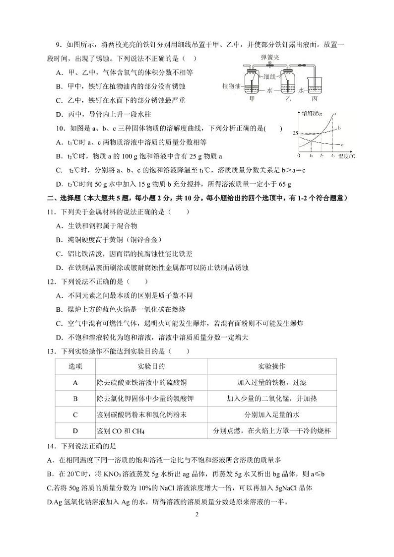 天津市汉阳道中学+2022-2023+学年九年级上学期期末练习+化学试卷第2页