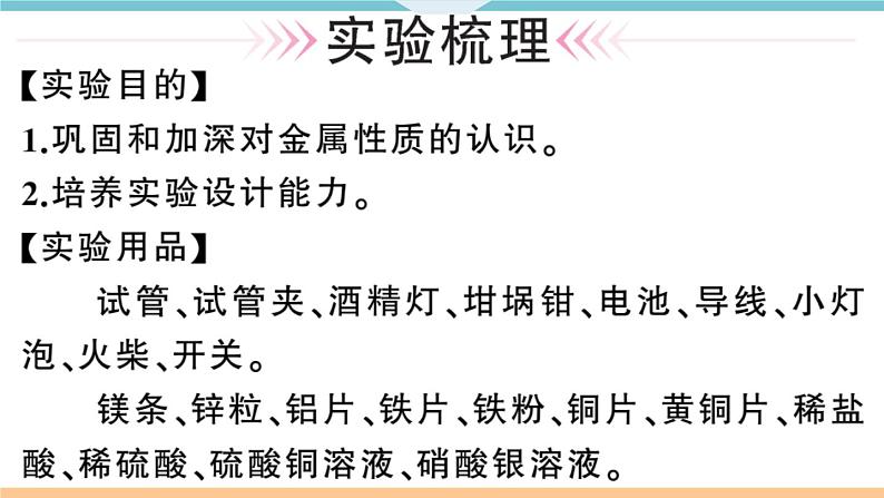 初三九年级化学下册河南同步练习1八单元金属和金属材料5实验活动４金属的物理性质和某些化学性质课件PPT02