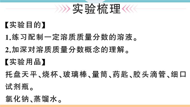 初三九年级化学下册河南同步练习2九单元溶液5实验活动５一定溶质质量分数的氯化钠溶液的配制课件PPT02