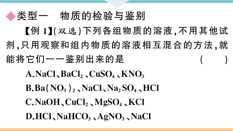 初三九年级化学下册河南同步练习4十一单元盐化肥3专题五物质的检验与鉴别分离与提纯课件PPT02