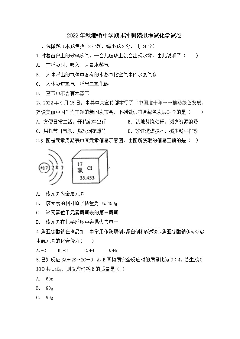 湖北省阳新县潘桥中学2022-2023学年九年级上学期期末冲刺模拟考试化学试卷(含答案)第1页