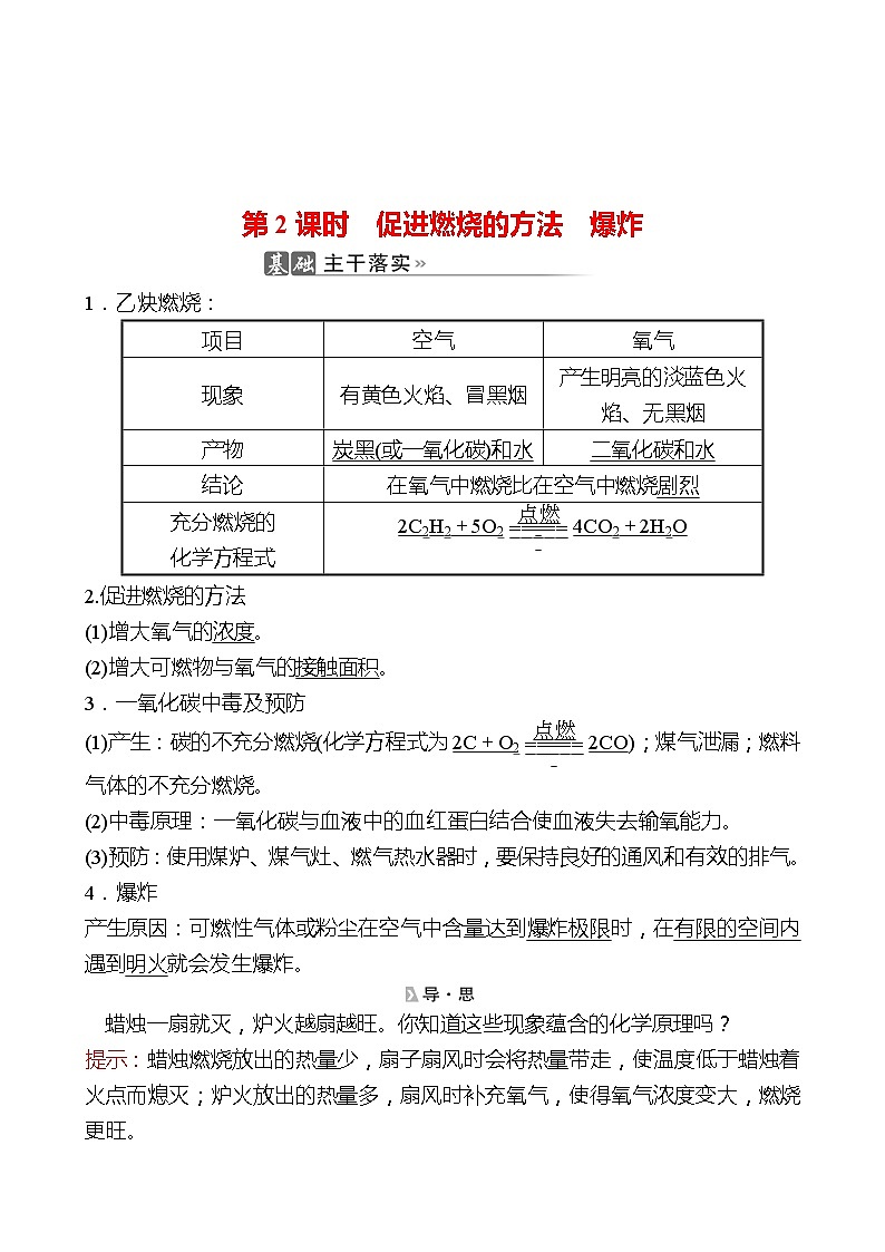 202-2023 鲁教版化学 九年级上册 第六单元 第一节 第2课时 促进燃烧的方法 爆炸 同步练习（教师版）第1页