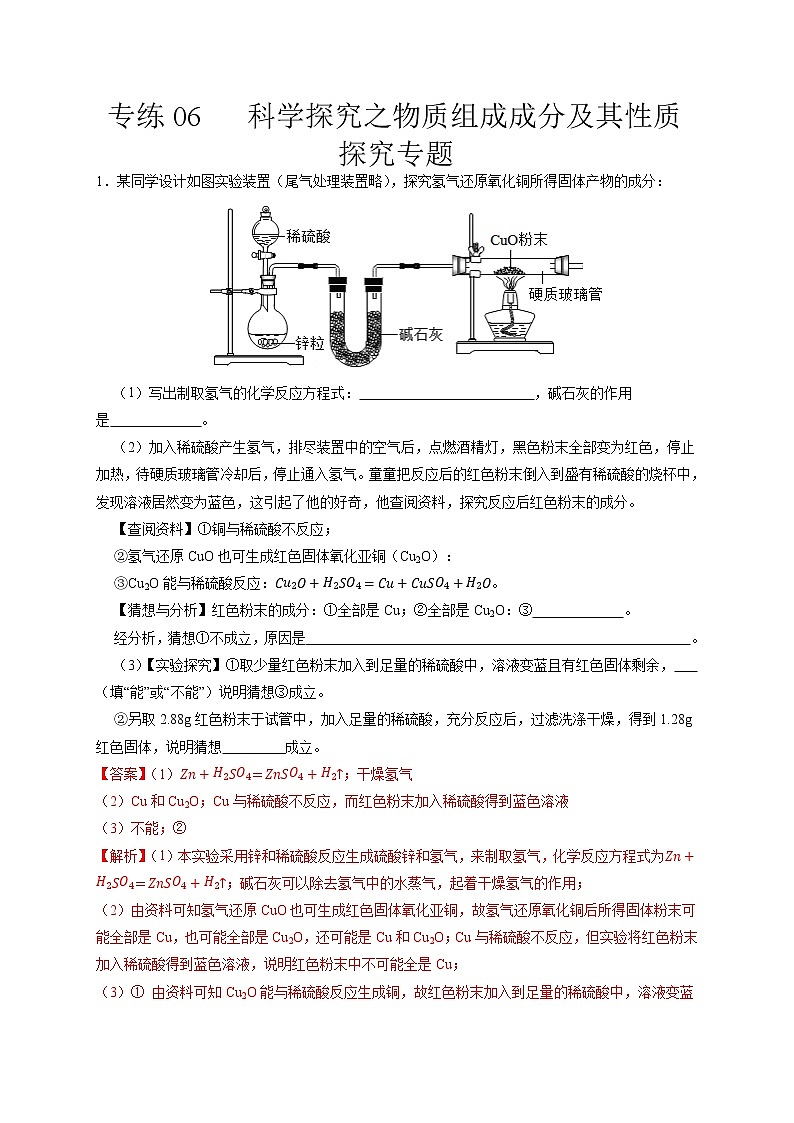 专练06  科学探究之物质组成成分及其性质探究专题-备战中考化学压轴题提分专练（深圳专用）01