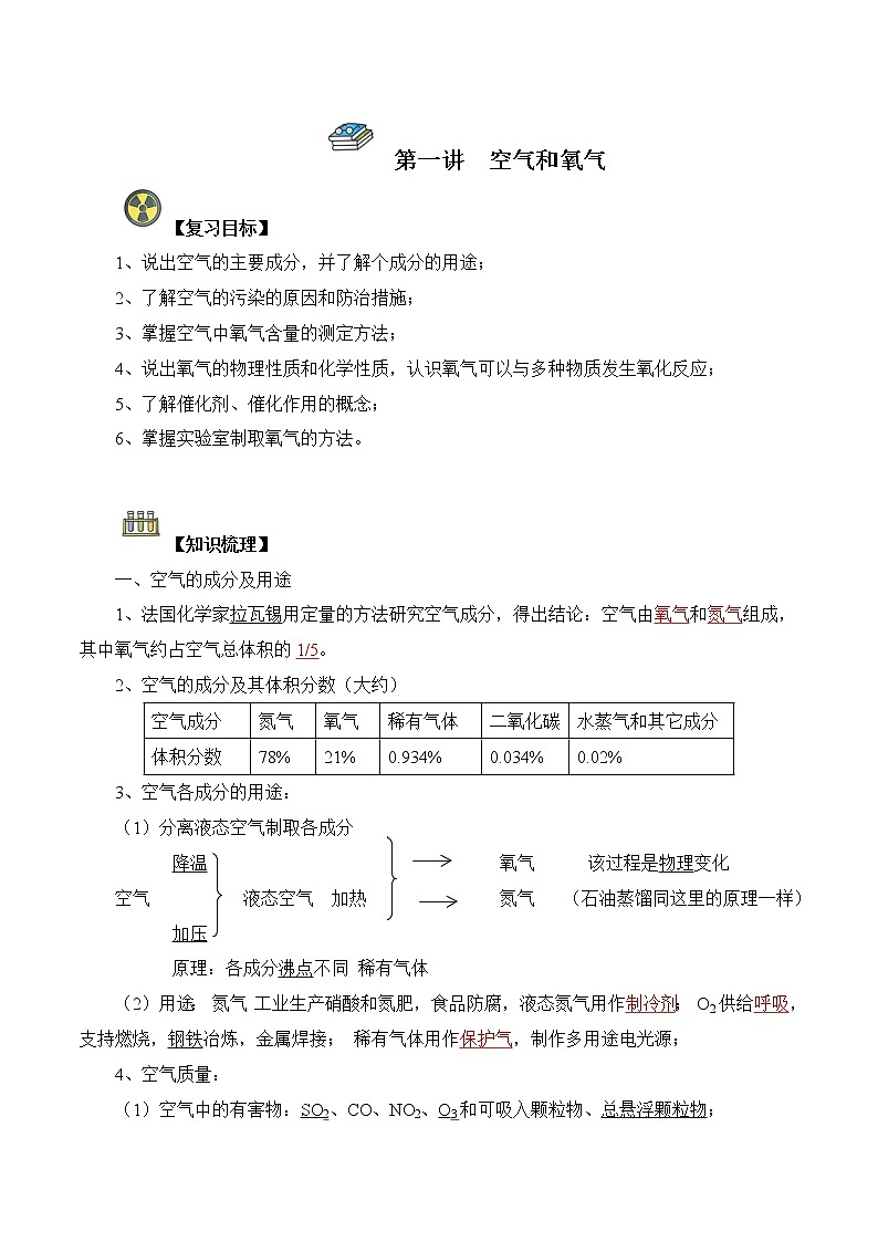 第01讲  空气和氧气-中考化学一轮复习精品讲义+练习（人教版）01