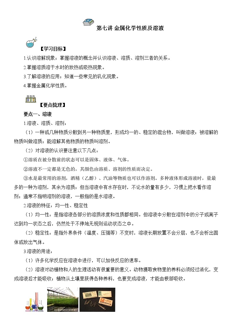 第07讲  金属化学性质与溶液-中考化学一轮复习精品讲义+练习（人教版）（解析版）第1页