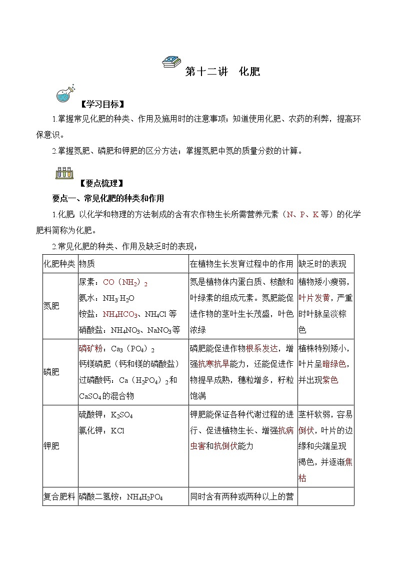 第12讲  化肥-中考化学一轮复习精品讲义+练习（人教版）01