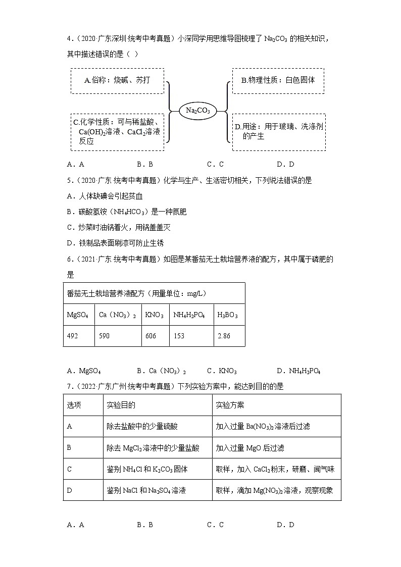 广东省2020-2022三年中考化学真题知识点分类汇编18-常见盐、化学肥料（含解析）02