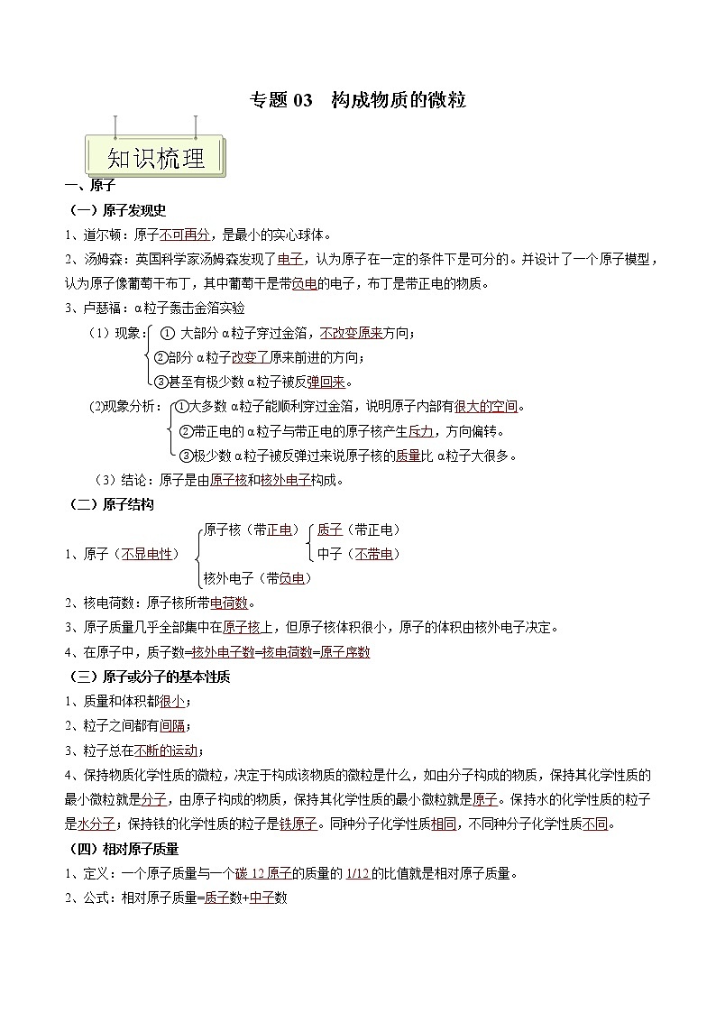 专题03 构成物质的微粒- 决胜2023年 中考化学一轮地毯式复习（全国通用）01