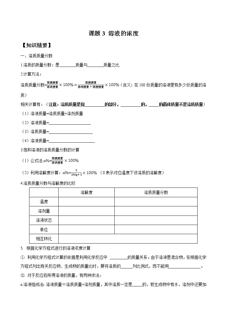 课题3 溶液的浓度-2022-2023学年九年级化学下册尖子生必备考点精讲精练（人教版）01