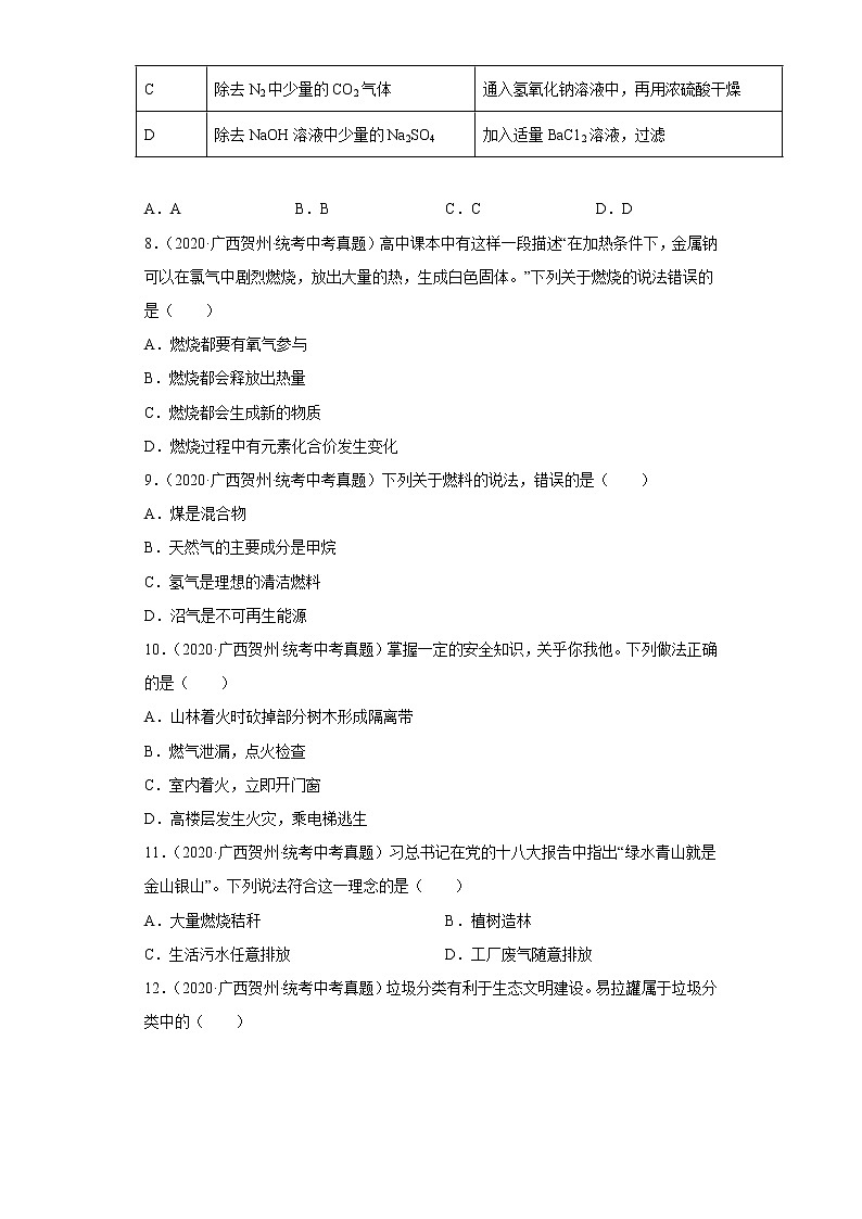 广西贺州市2020-2022三年中考化学真题知识点分类汇编12-化学与能源的开发和利用、化学与环境（含解析）02