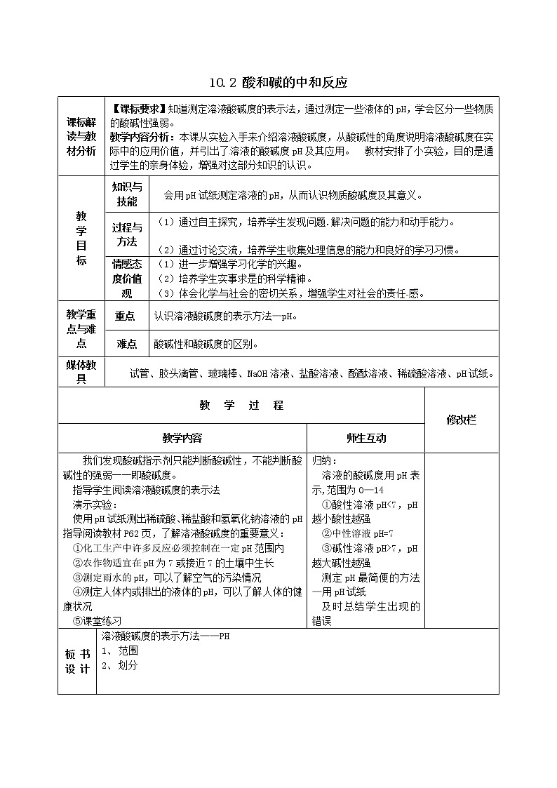 九年级下册化学人教版 10.2 酸和碱的中和反应（2） 教案第1页