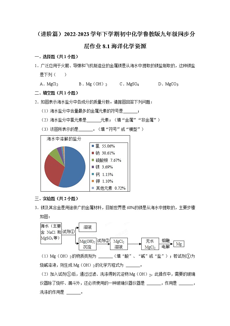 （进阶篇）2022-2023学年下学期初中化学鲁教新版九年级同步分层作业8.1海洋化学资源第1页