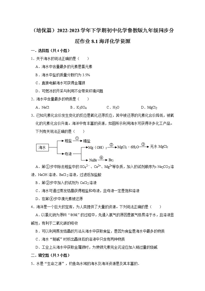 （培优篇）2022-2023学年下学期初中化学鲁教新版九年级同步分层作业8.1海洋化学资源01