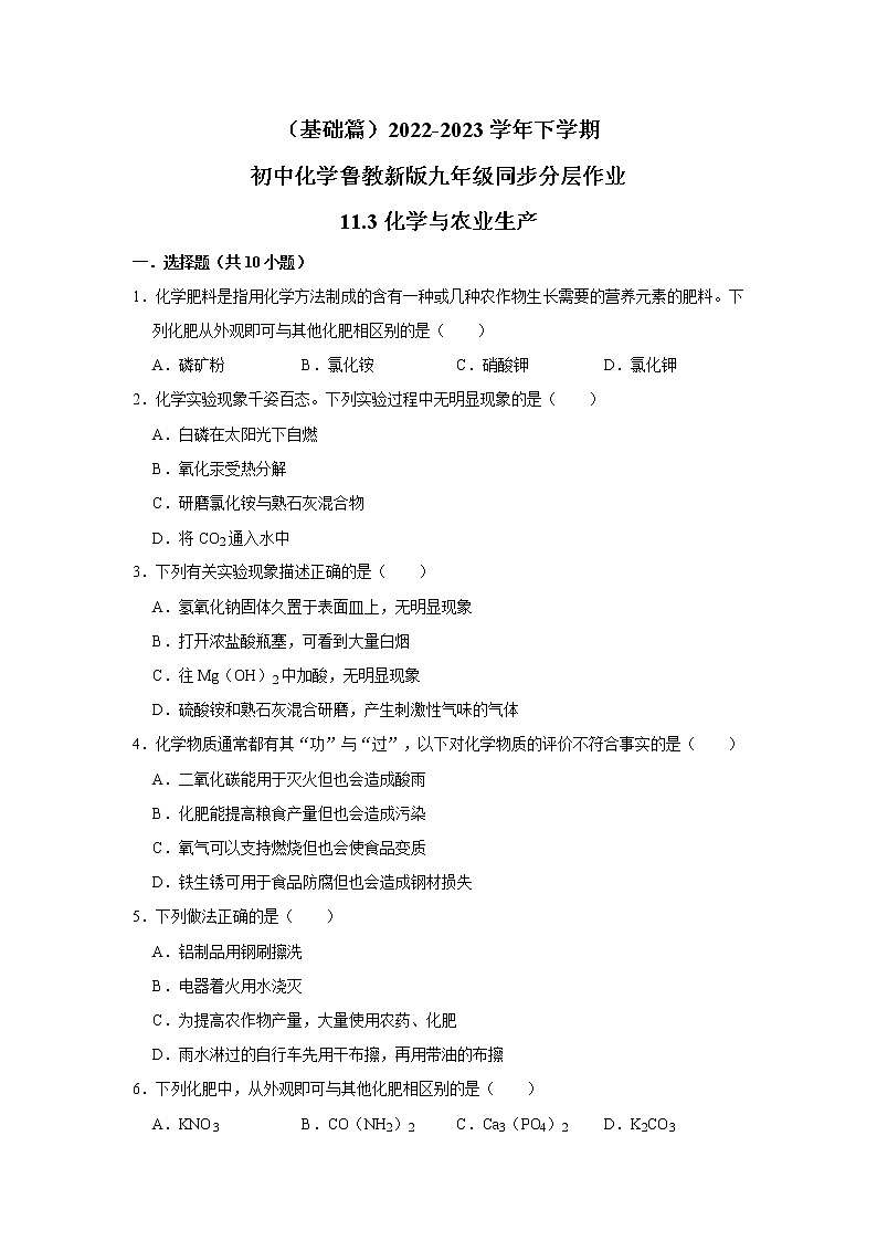 （基础篇）2022-2023学年下学期初中化学鲁教版九年级同步分层作业11.3化学与农业生产第1页
