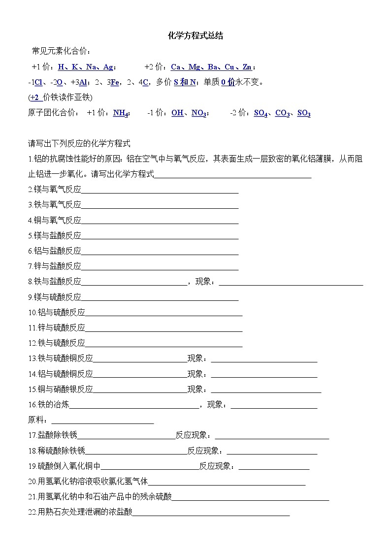 人教版 九年级下  化学方程式总结 下册01