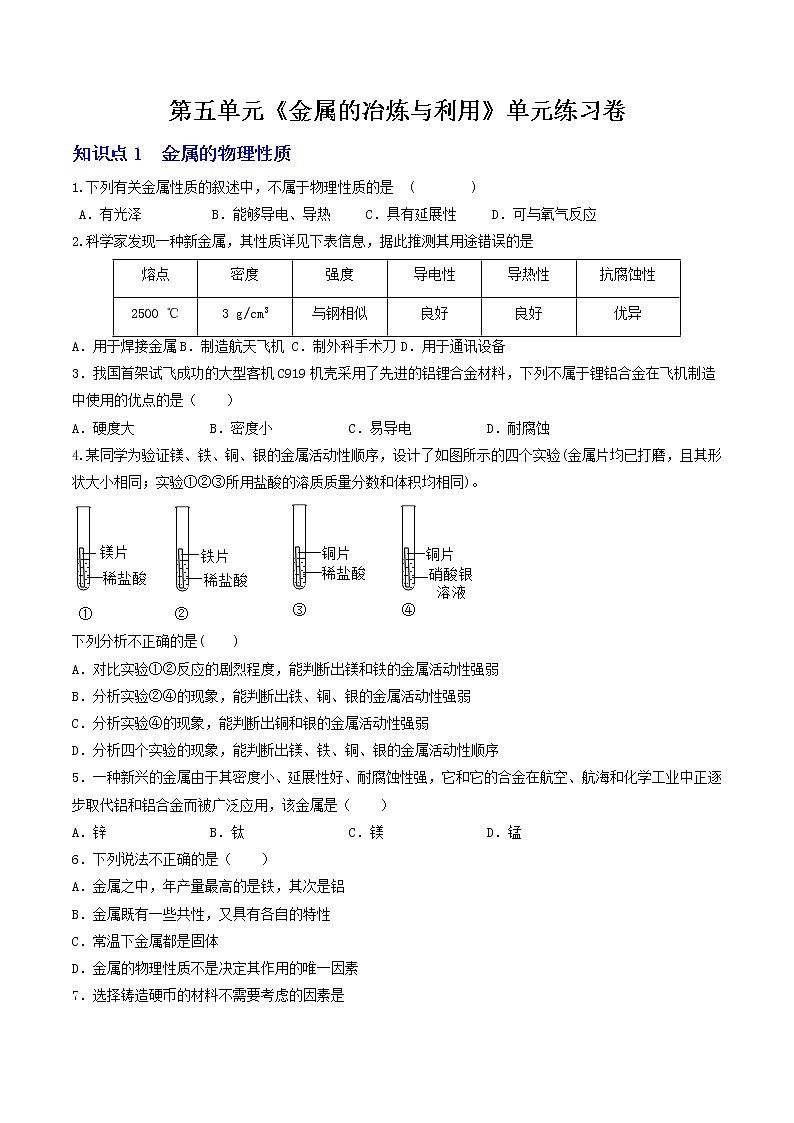【同步练习】沪教版初三化学上册 第5章《金属的冶炼与利用》单元练习卷第1页