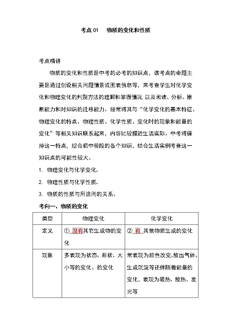 备战2023年新中考二轮化学专题导练 考点01 物质的变化和性质（解析版）第1页