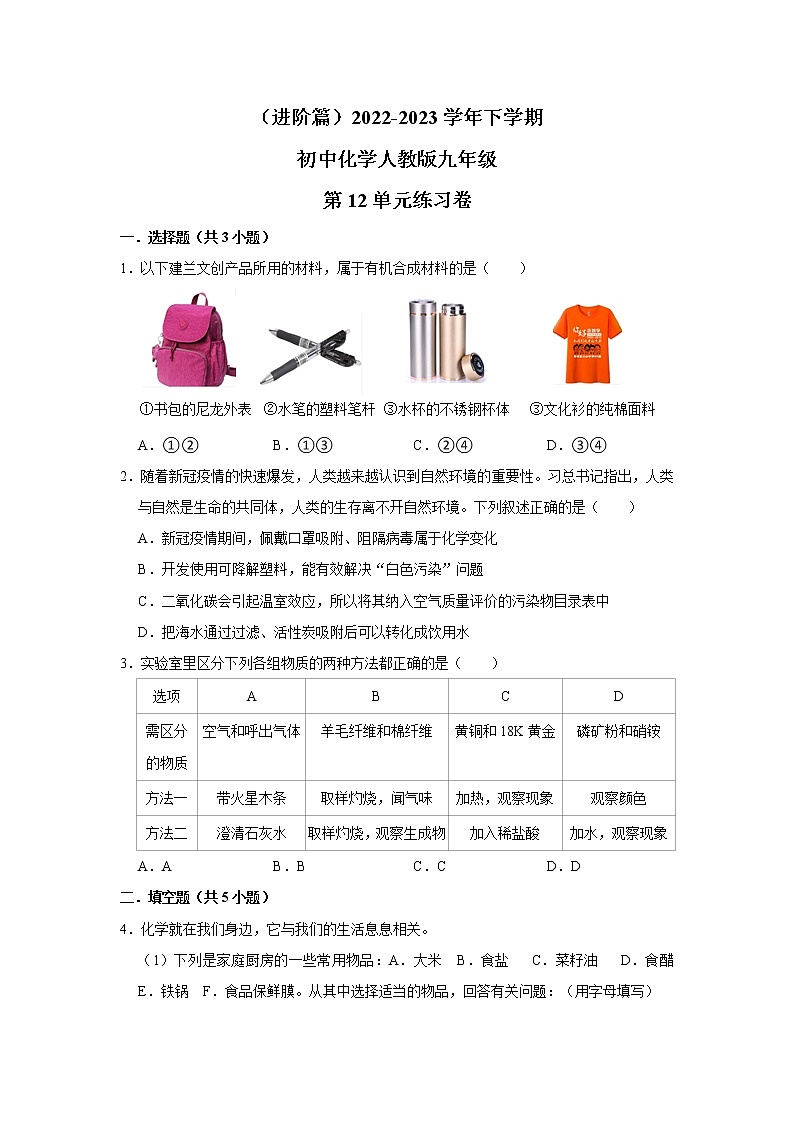 （进阶篇）2022-2023学年下学期初中化学人教版九年级第12单元练习卷第1页