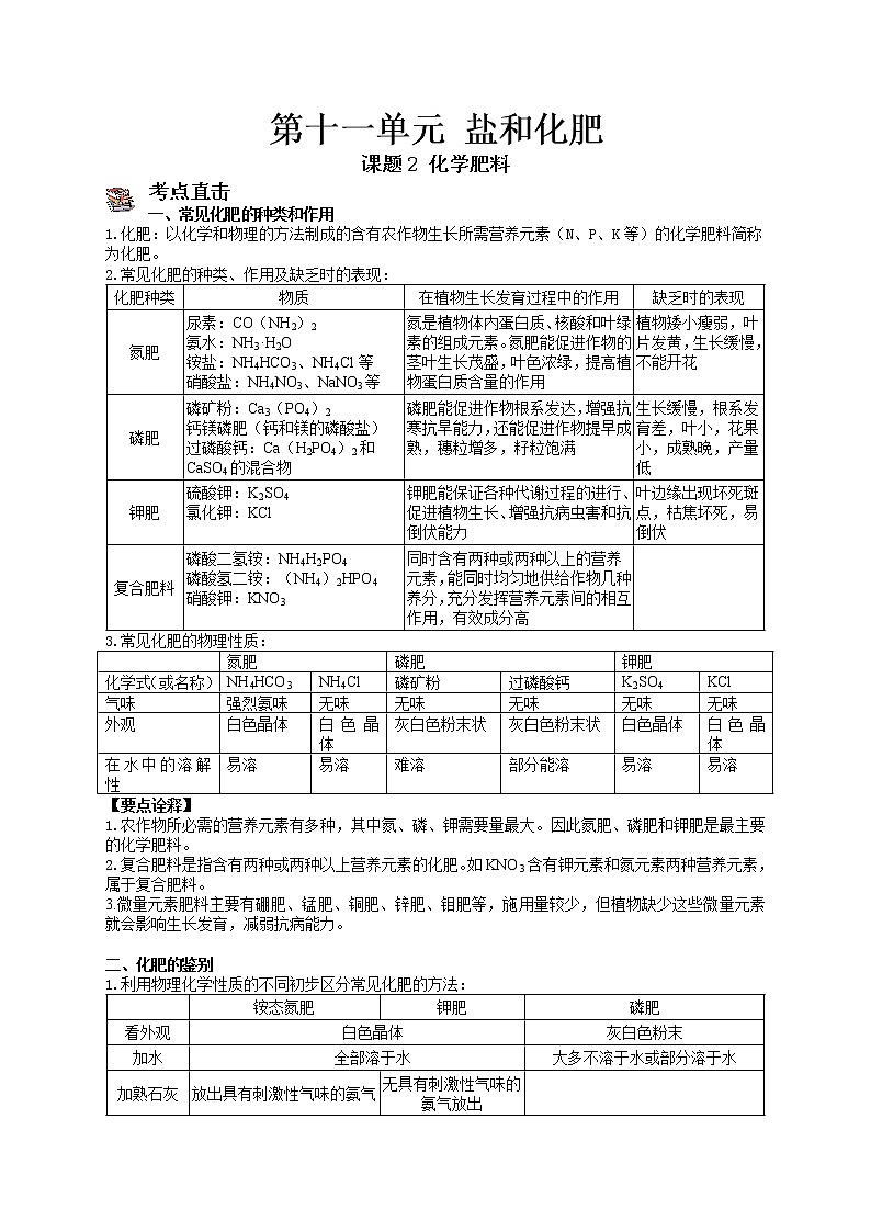 课题2 化学肥料-九年级化学下册尖子生必备考点精讲精练（人教版）01