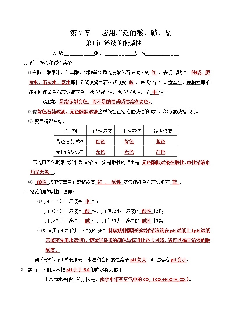 第7章 广泛应用的酸、碱、盐（上）-2023年中考化学复习必背知识手册（沪教版）01