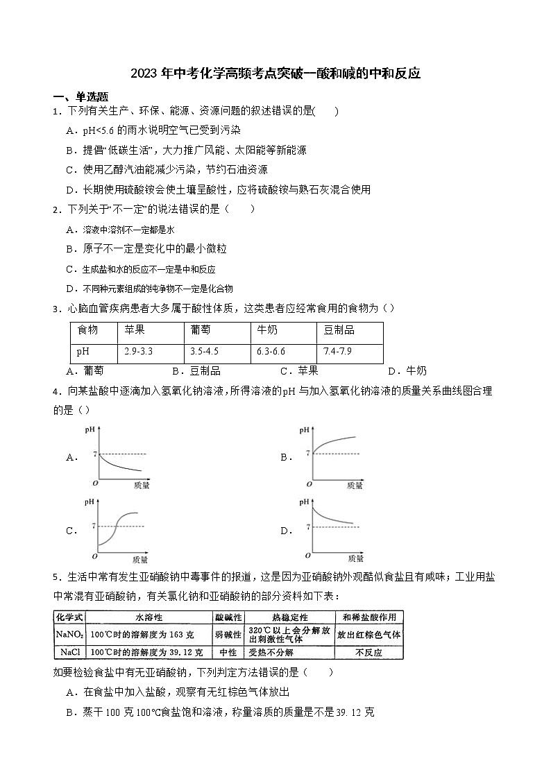 2023年中考化学高频考点突破--酸和碱的中和反应第1页