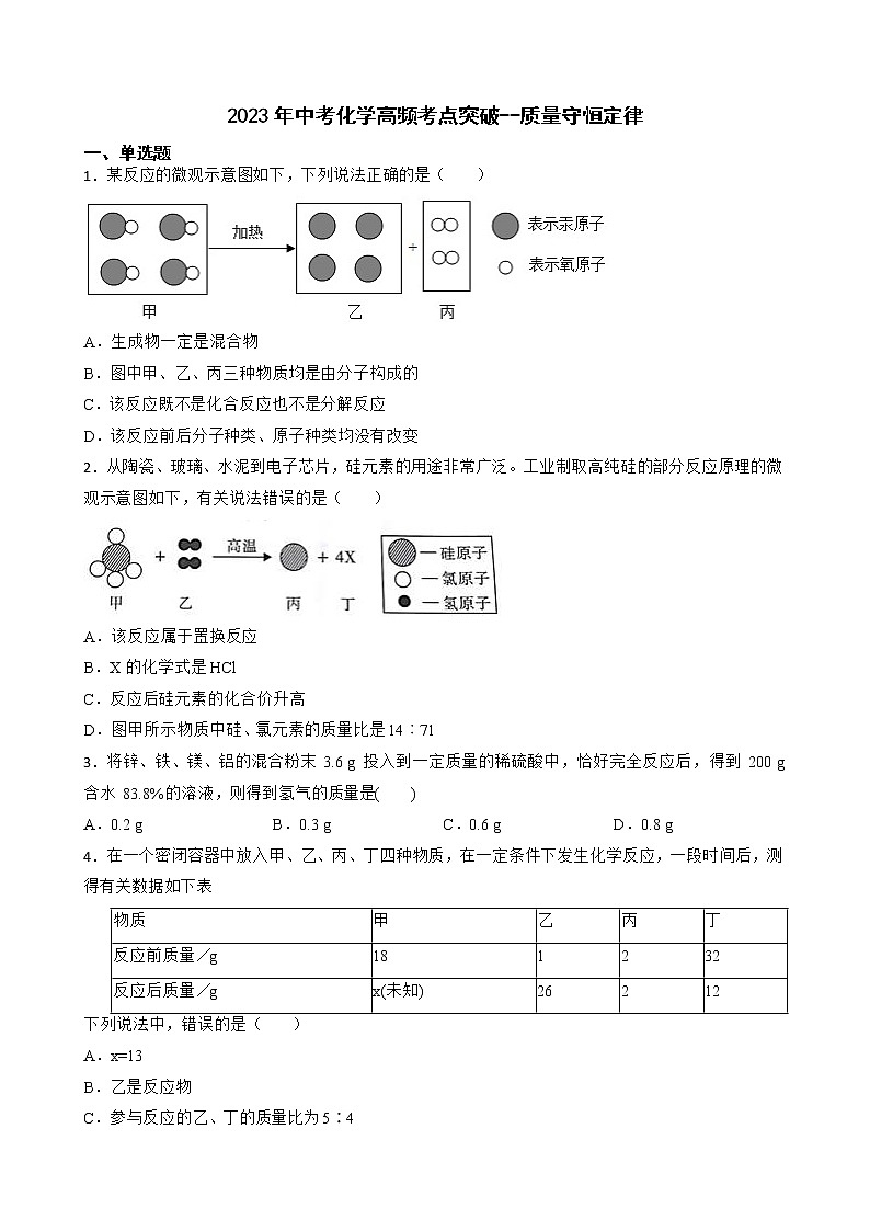 2023年中考化学高频考点突破--质量守恒定律第1页