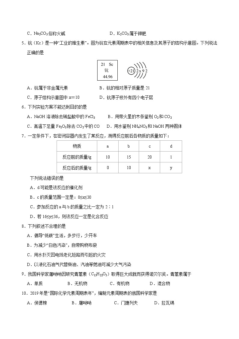 初中化学中考复习 （河北卷） 2020年九年级化学第二次模拟大联考（A4考试版）02