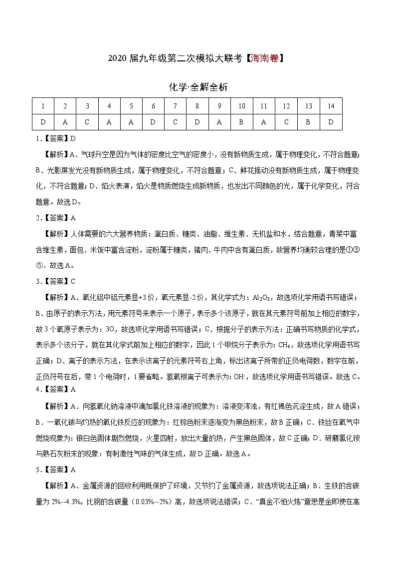 初中化学中考复习 （海南卷） 2020年九年级化学第二次模拟大联考（全解全析）第1页