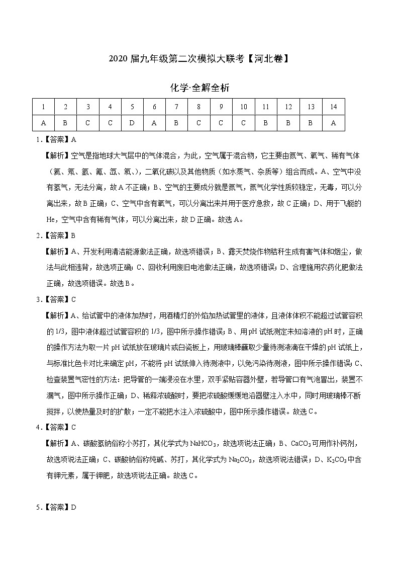 初中化学中考复习 （河北卷） 2020年九年级化学第二次模拟大联考（全解全析）第1页