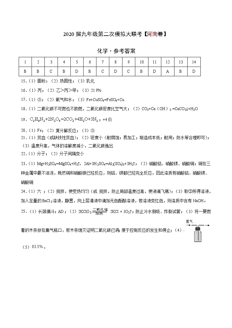 初中化学中考复习 （河南卷） 2020年九年级化学第二次模拟大联考（参考答案）第1页