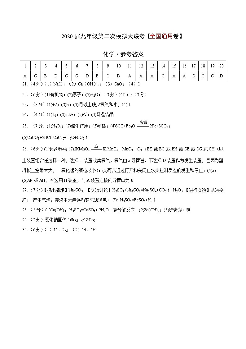 初中化学中考复习 （全国通用A卷） 2020年九年级化学第二次模拟大联考（参考答案）第1页