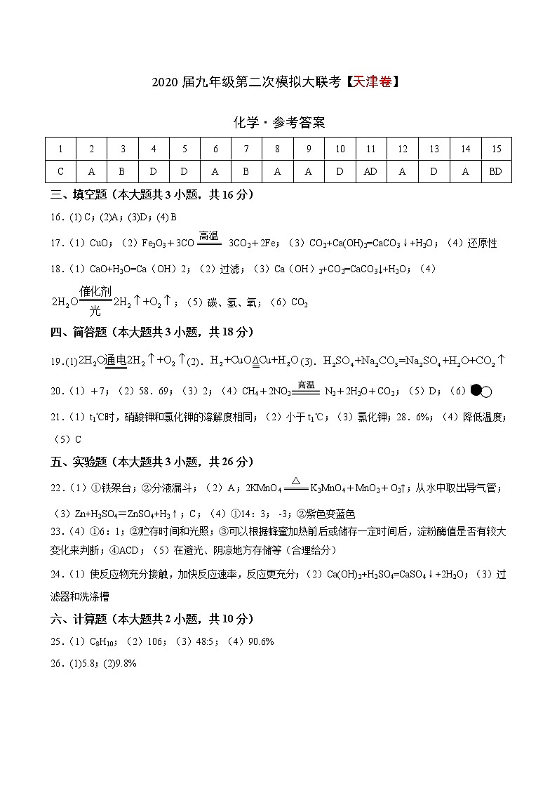 初中化学中考复习 （天津卷） 2020年九年级化学第二次模拟大联考（参考答案）第1页
