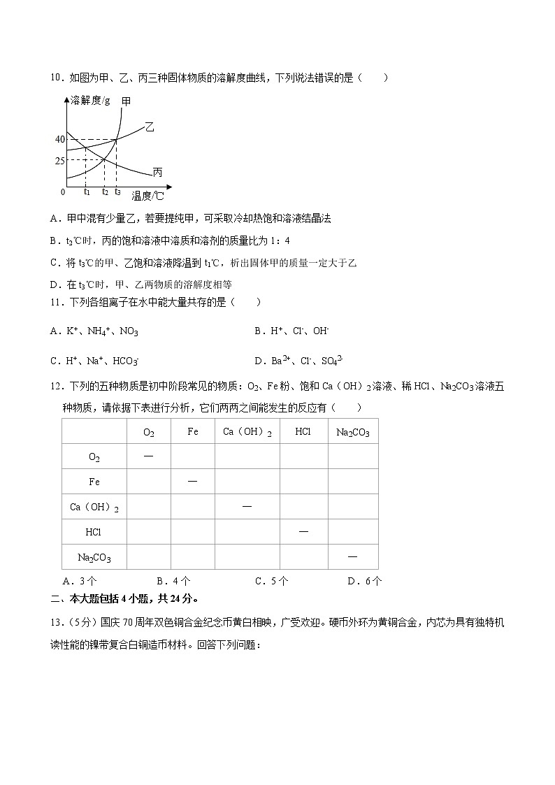 初中化学中考复习 （新中考安徽卷） 2020年九年级化学第二次模拟大联考（A4考试版）03
