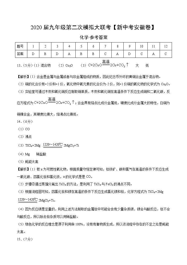 初中化学中考复习 （新中考安徽卷） 2020年九年级化学第二次模拟大联考（参考答案）01