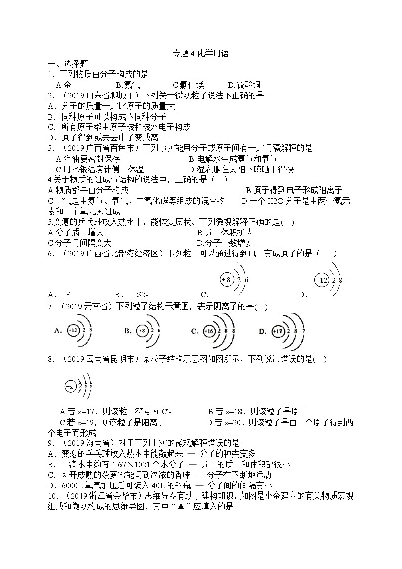 初中化学中考复习 2020届九年级中考化学热点专题训练：专题4化学用语第1页
