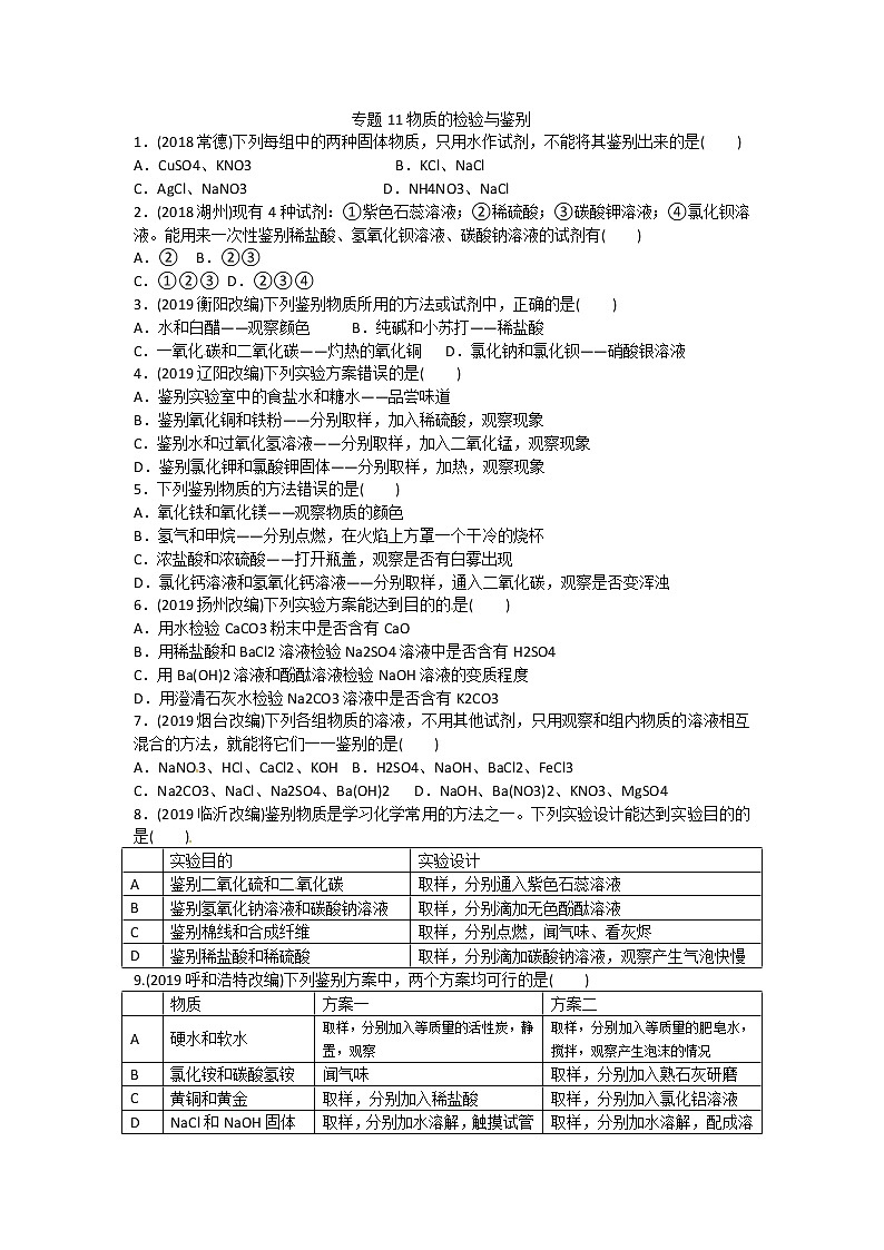 初中化学中考复习 2020届九年级中考化学热点专题训练：专题11物质的检验与鉴别第1页