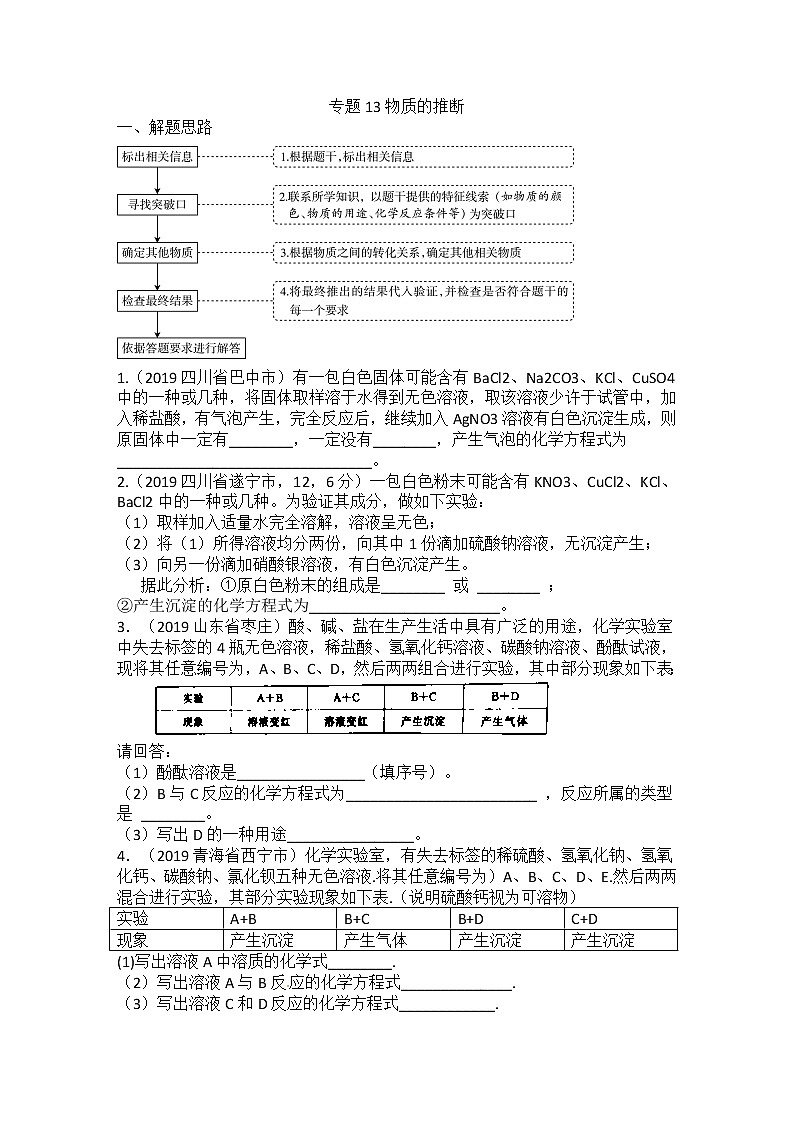 初中化学中考复习 2020届九年级中考化学热点专题训练：专题13物质的推断第1页