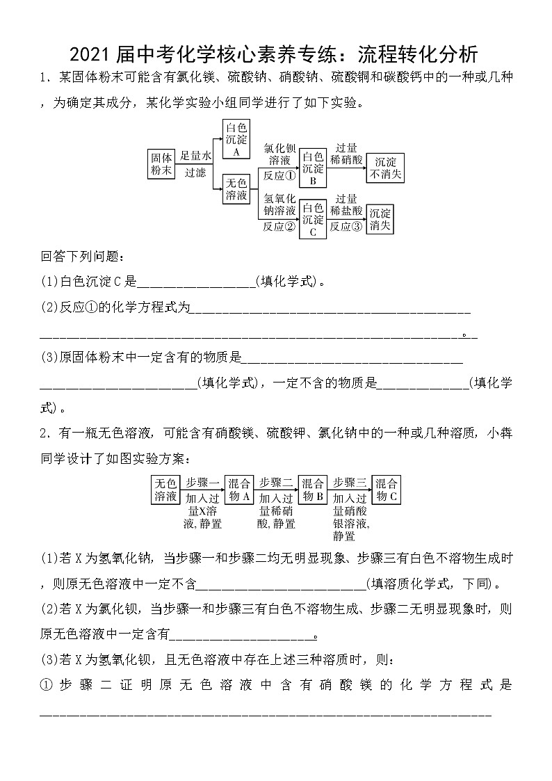 初中化学中考复习 2021届中考化学核心素养专练：流程转化分析第1页