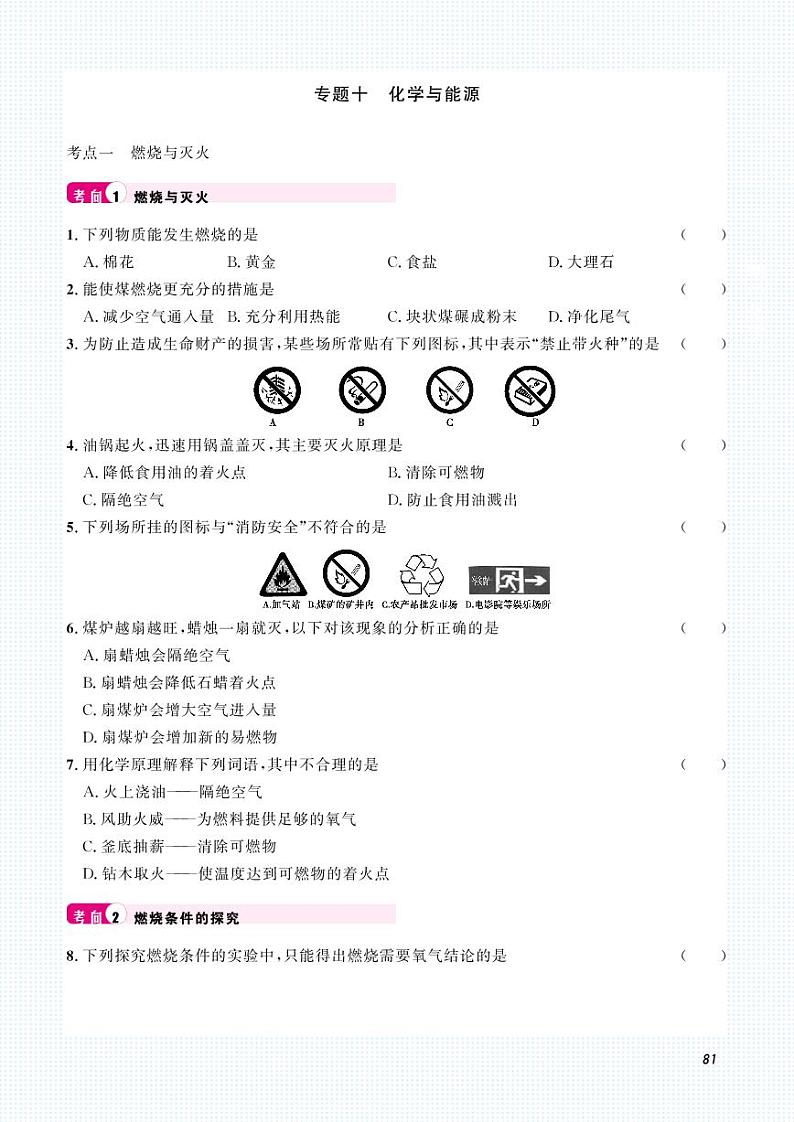 初中化学中考复习 2023化学中考集训：专题十 化学与能源（PDF原卷版）第1页