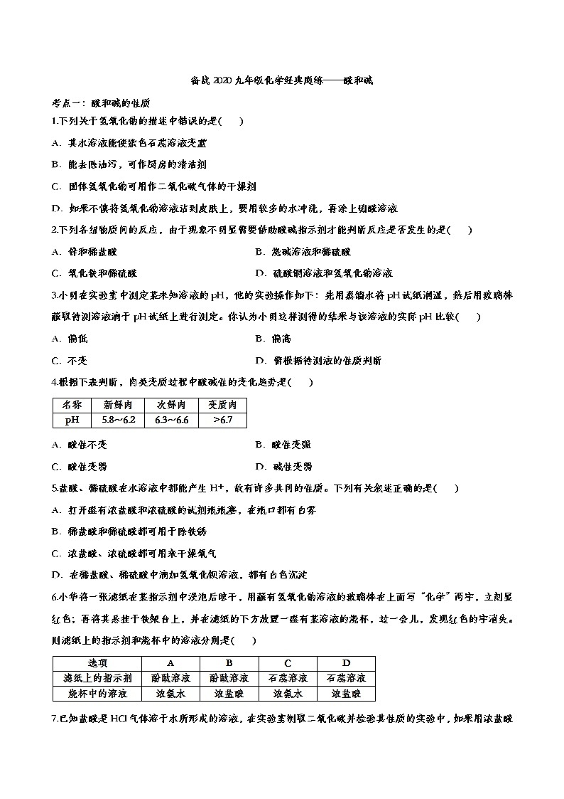 初中化学中考复习 备战2020九年级化学经典题练——酸和碱第1页
