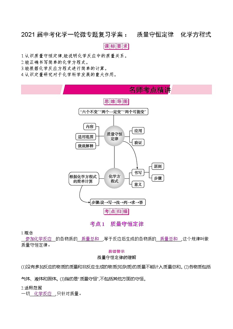 初中化学中考复习 2021届中考化学一轮微专题复习学案：　质量守恒定律　化学方程式01