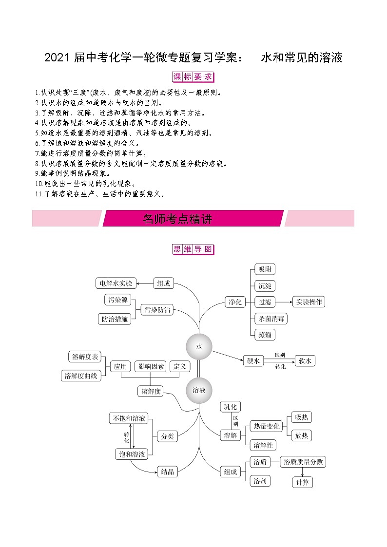 初中化学中考复习 2021届中考化学一轮微专题复习学案：　水和常见的溶液第1页