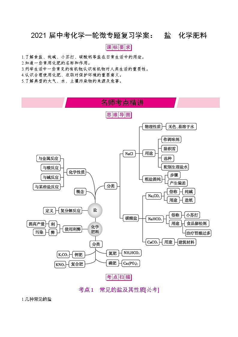 初中化学中考复习 2021届中考化学一轮微专题复习学案：　盐　化学肥料第1页