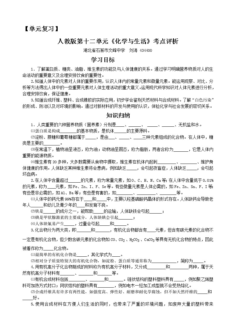 初中化学中考复习 单元复习：人教版第十二单元《化学与生活》考点评析第1页