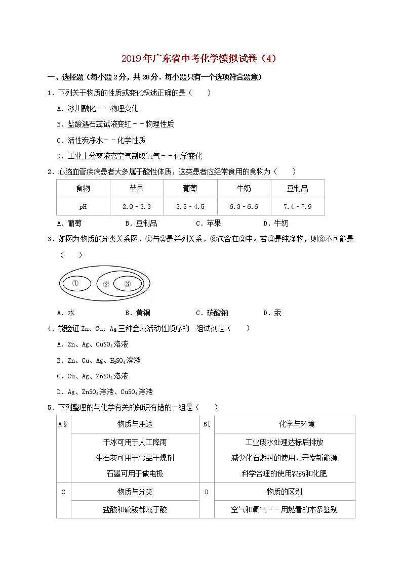 初中化学中考复习 广东省2019年中考化学模拟试卷4第1页