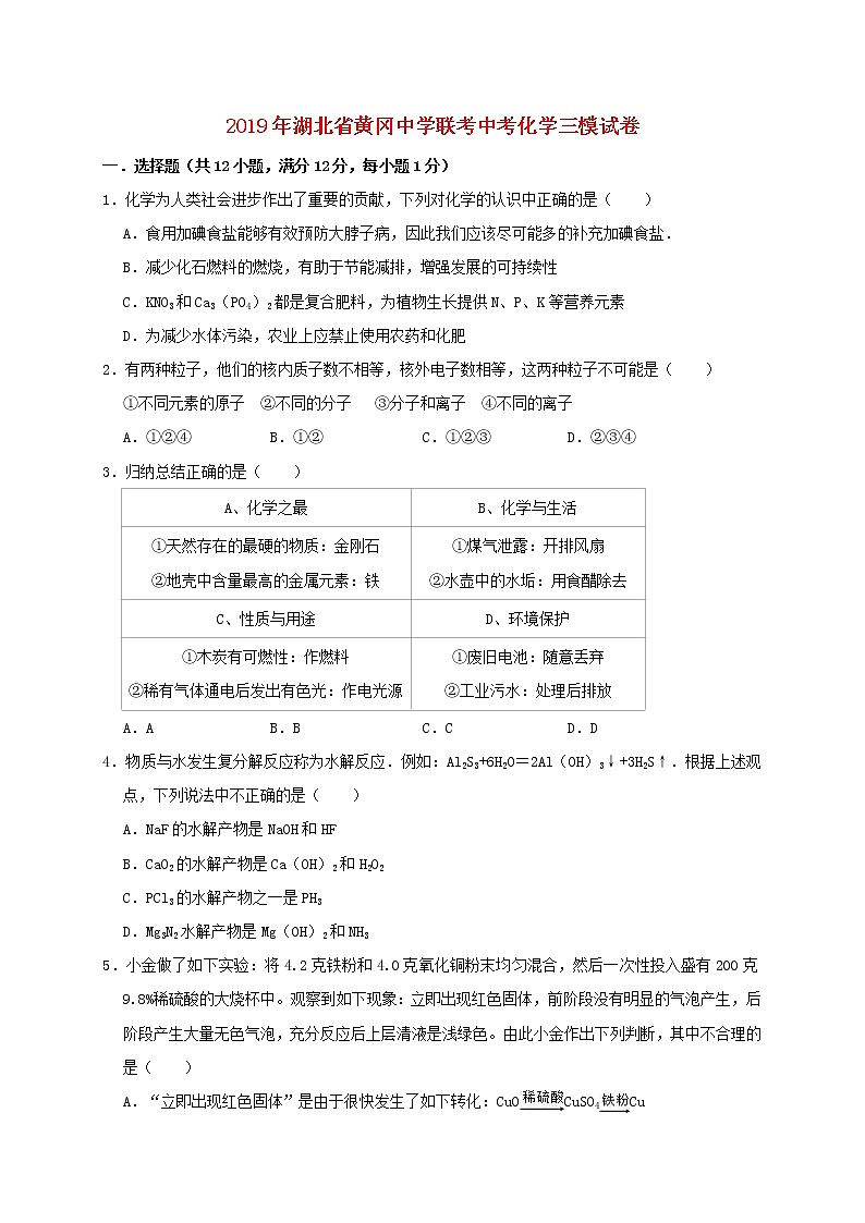 初中化学中考复习 湖北省黄冈中学联考2019年中考化学三模试卷（含解析）01