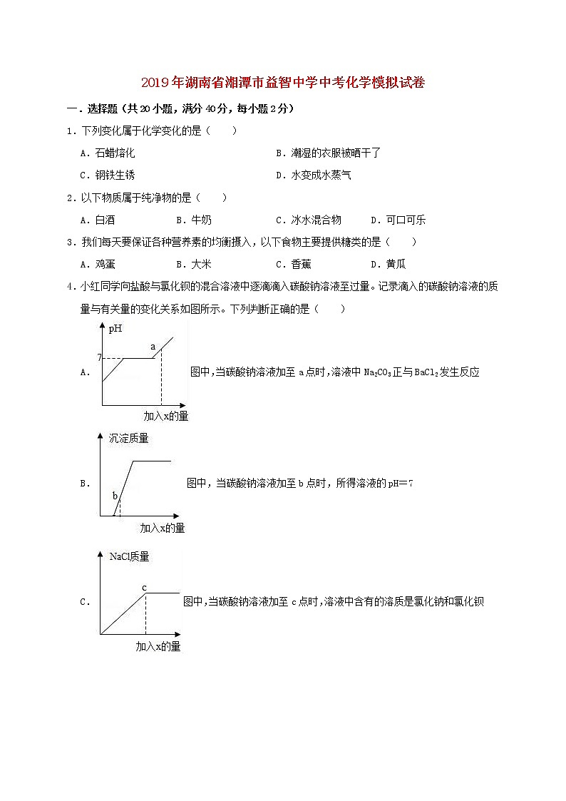 初中化学中考复习 湖南省湘潭市益智中学2019年中考化学模拟试卷（含解析）01