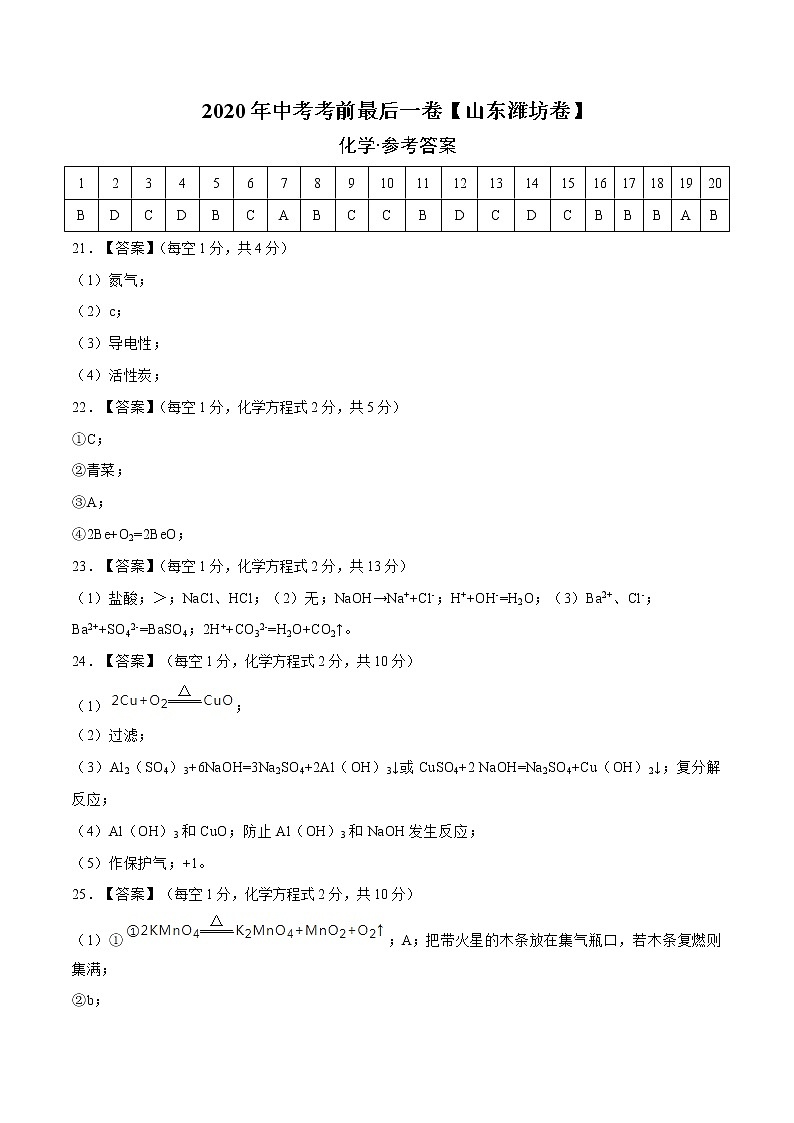 初中化学中考复习 化学-（山东潍坊卷）2020年中考考前最后一卷（参考答案）第1页