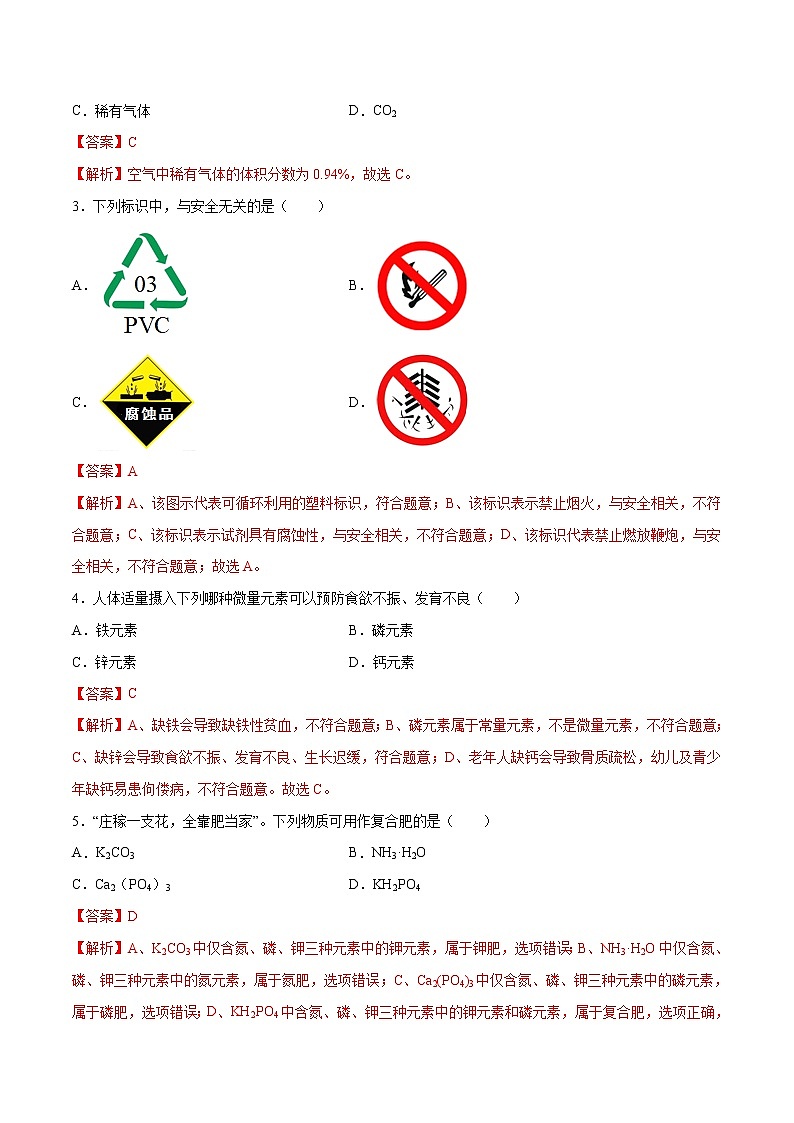初中化学中考复习 金榜卷03-2022年中考化学考前名师押题金榜卷（人教版）（解析版）第2页